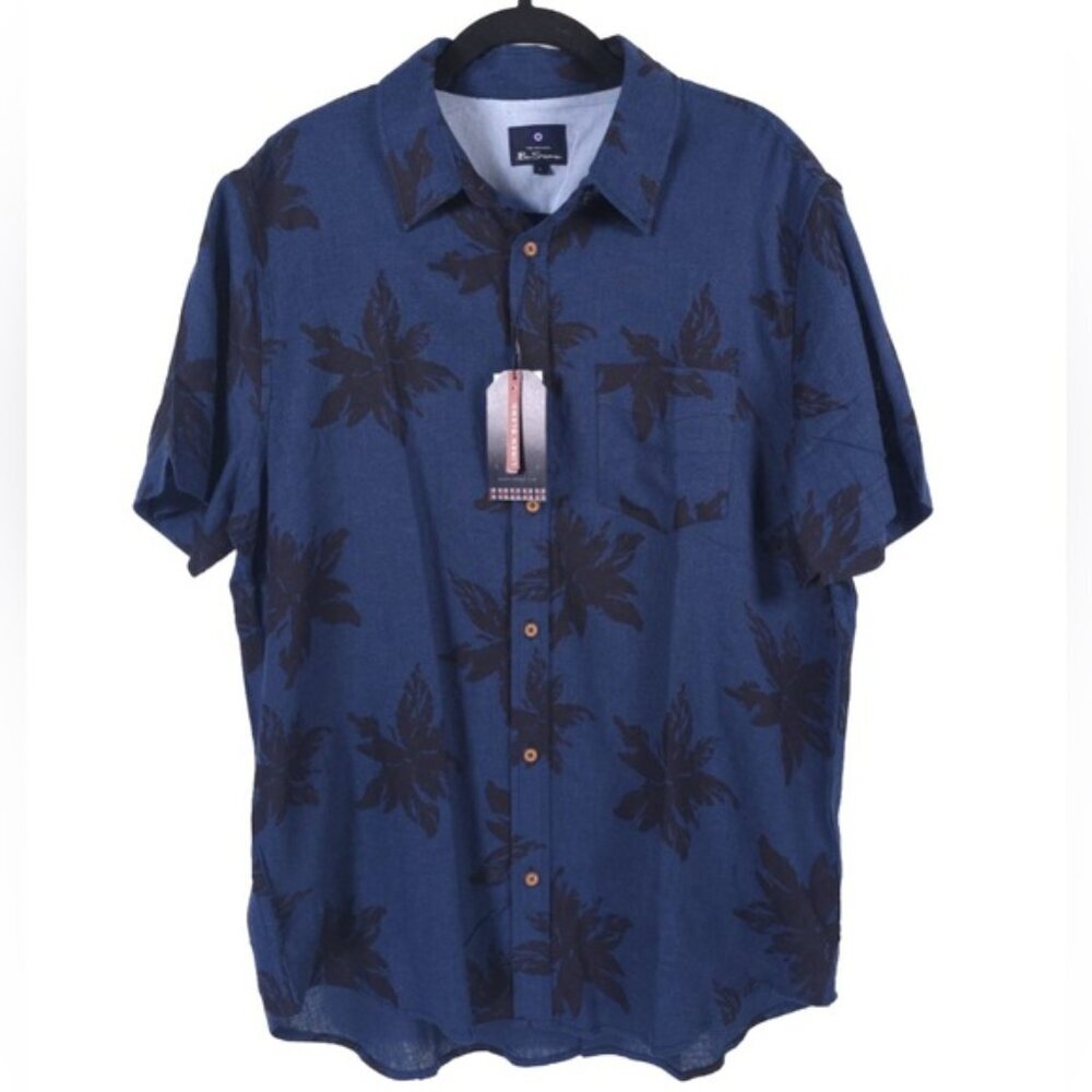 NWT BEN SHERMAN LINEN Blend Short‎ Sleeve Shirt Tropical Floral Navy LARGE